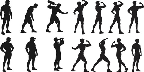 Bodybuilder vector set, fitness icon collection, muscle symbol group, gym illustrations in flat and line style, strength training graphic bundle, athletic bodybuilding equipment design pack