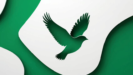 Green Dove Flying Between Abstract Shapes

