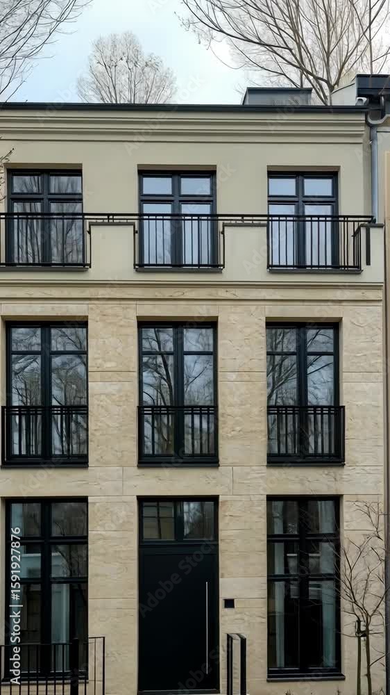 Poster exploring a contemporary building with elegant windows and clean lines that highlight sophisticated 