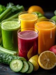 Colorful freshly squeezed fruit and vegetable juice promoting healthy lifestyle