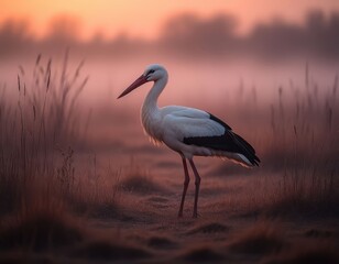 Obraz premium A stork stands in a misty field at dawn — a poetic beginning.