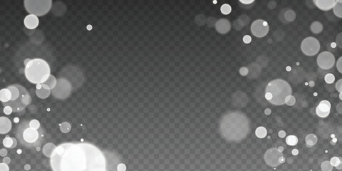 Abstract light shine blur bokeh effect on white transparent background. Vector lens flare spot light sparkles or shiny glittering glow beams for modern trendy Christmas celebration design template