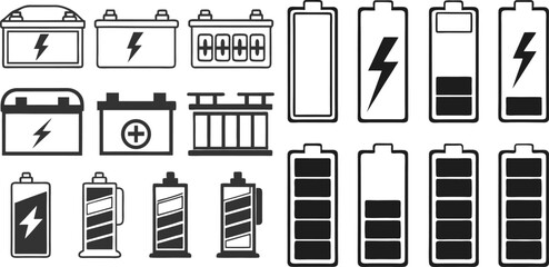 Battery vector set, power icon collection, energy symbol group, flat and line style illustrations of batteries, charge indicators, power source graphic bundle, electronic device elements pack