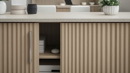 Multi purpose storage credenza with sliding tambour doors and integrated printer shelf in shared administrative workspace