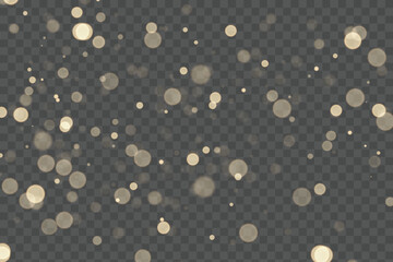 Sparkling golden particles, glowing bokeh lights isolated on dark transparent background	