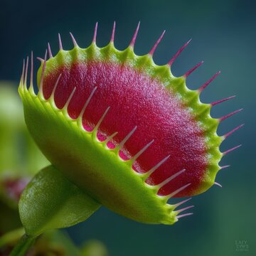 A stunning macro photograph captures the vibrant red interior and sharp green teeth of a venus flytrap s open trap