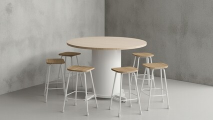 Standing collaborative round table with whiteboard column base and wheeled stools in creative group zone