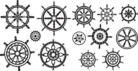 Black Line Wheel Icons Set Flat Dharma chakra, Spiritual Symbol, and Meditation Silhouettes Collection Sacred Religion Icon Group for UI, Print, Web, and Culture Projects