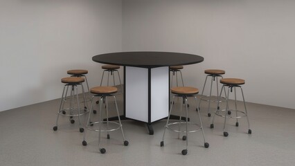 Standing collaborative round table with whiteboard column base and wheeled stools in creative group zone
