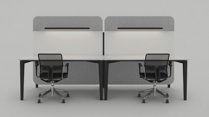 Dual person shared workstation with privacy screens, synchronized under desk lighting, and centralized cable spine in modern tech hub