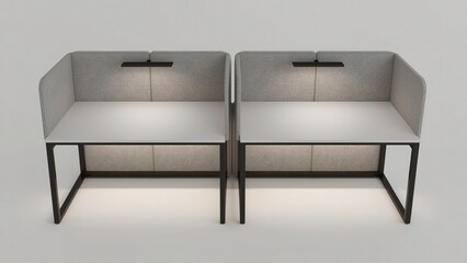 Dual person shared workstation with privacy screens, synchronized under desk lighting, and centralized cable spine in modern tech hub