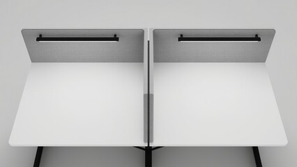 Dual person shared workstation with privacy screens, synchronized under desk lighting, and centralized cable spine in modern tech hub