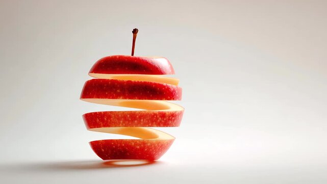 Red apple spiral slice with stem balanced light background fresh fruit healthy snack concept bright isolated fresh fruit snack spiral slice apple red
