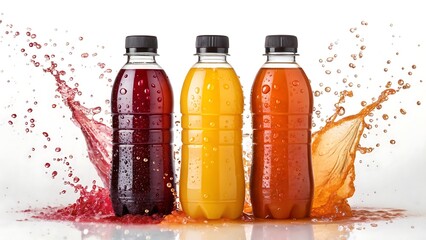 Three colorful beverage bottles with liquid splashes