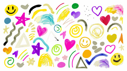 Assorted shapes and symbols including hearts stars and smiley faces in various colors and styles