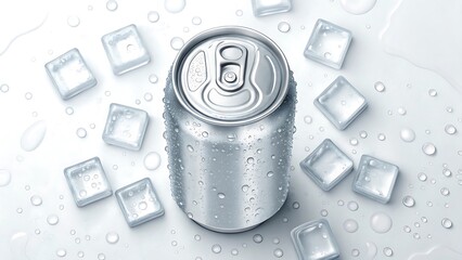 Silver soda can surrounded by ice cubes and water droplets