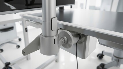 Tech integrated mobile workstation cart with adjustable arm, fold out tray, and lockable wheels in medical administrative hybrid space