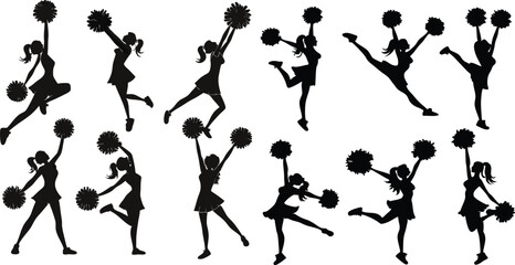 Black Line Cheerleader Icons Set including Flat Pom Pom Dance and Spirit Symbol Collection with Minimal Cheer Icon Group for Sports Event UI School Team Web and Performance Projects