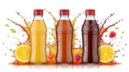 Three refreshing fruit drinks cola juice