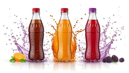 Three refreshing beverage bottles with splashes beverages