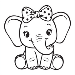 Fototapeta premium Cute cartoon baby elephant with polka dot bow sitting and smiling