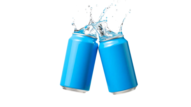 Two blue can toasting with splash isolated on transparent background