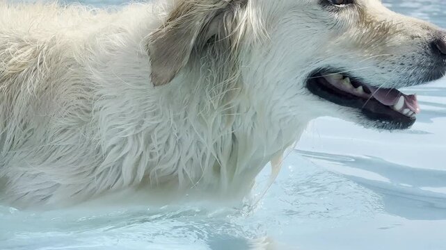 Slow motion of a young golden retriever dog playing in a dog water park