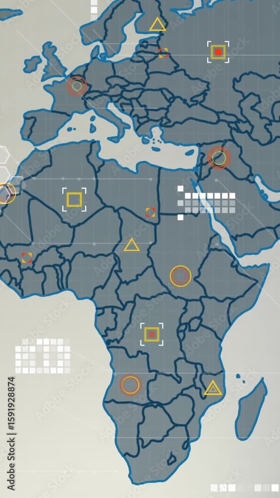 Poster animation of world map and circuit connections against grey background
