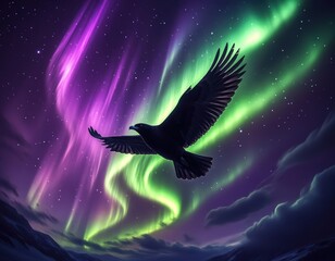 A bird silhouette set against a glowing aurora — mystery and wonder.