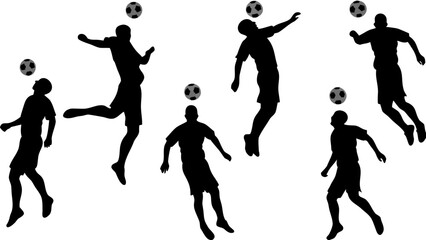 Silhouette illustration showing soccer players heading soccer balls in various action poses on a white background