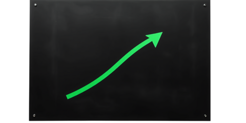 A green upward trending arrow on a dark background representing growth chart visual