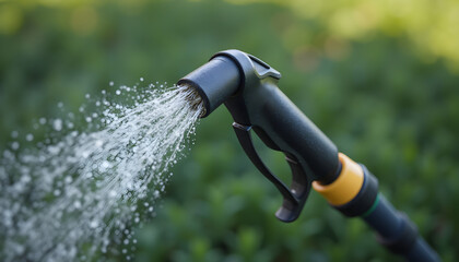 Close-up of a black and yellow garden hose nozzle spraying water against a blurred green background, illustrating irrigation and gardening.