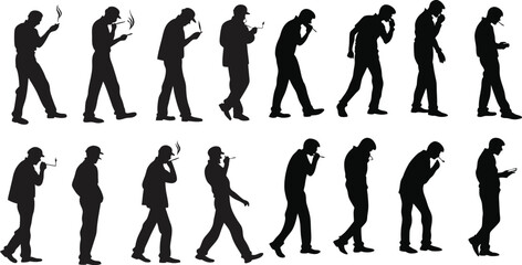 Black Line Man Smoking Cigarette Icons Set including Flat Tobacco Smoke and Male Silhouette Symbol Collection with Minimal Smoking Icon Group for Health UI Warning Web and Signage Projects