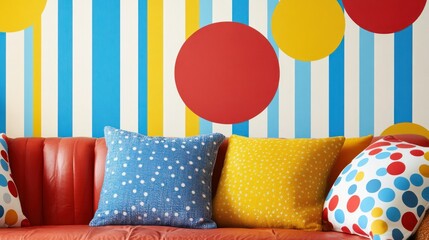 Colorful interior design featuring a red sofa with patterned cushions and a striped and polka dot wall.