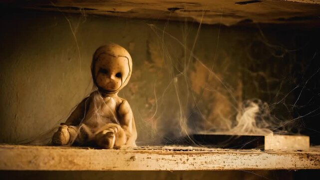 Doll covered in dust and cobwebs on cracked wooden shelf inside abandoned room with eerie haunting atmosphere evoking unsettling feelings