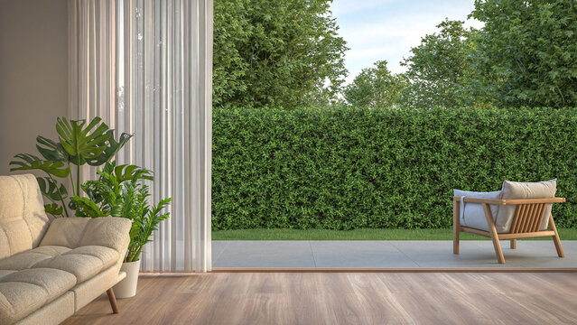 Living room with wood-framed glass doors open to garden. Modern house interior 3d rendering.