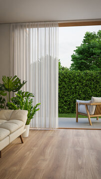 Living room with wood-framed glass doors open to garden. Modern house interior 3d rendering.