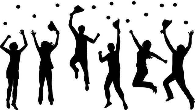 Silhouette of celebrating people jumping with graduation caps and confetti in the air with joy