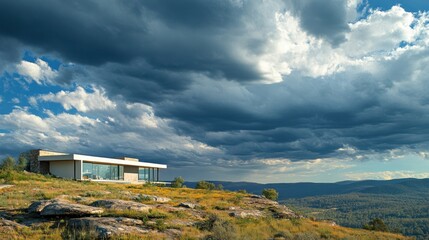 Modern house on a hilltop overlooking a valley under dramatic sky.