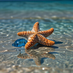 Starfish and Blue Glass Stone on Clear Tropical Shoreline