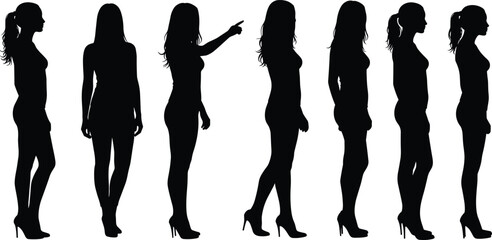 Female Silhouettes in Various Poses: Elegant Women Standing, Walking, and Pointing, Ideal for Fashion, Beauty, Business, and Diverse Representation Concepts.