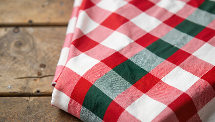 Close-up of traditional plaid fabric on wooden surface, seasonal warmth