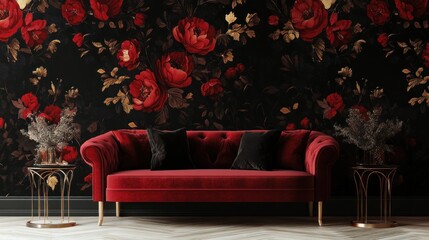 Red velvet sofa in a room with dark floral wallpaper.
