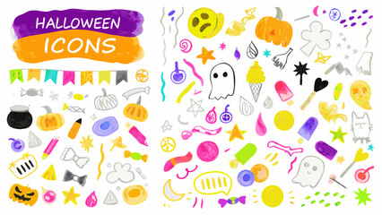 Watercolor halloween icons including pumpkins ghosts and candy on a white background in a festive arrangement
