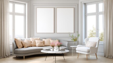 A corner living room with a light gray sofa, a white armchair, and two blank picture frames.
