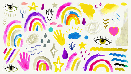 Watercolor illustration featuring rainbows, eyes, stars, hands, clouds, and other whimsical elements