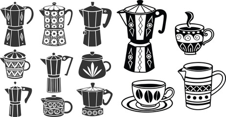 Black Line Coffee Mug Icons Set including Flat Cup Steam Beverage and Drink Symbol Collection with Minimal Mug Icon Group for Cafe Menu UI Web Morning and Hot Drink Projects