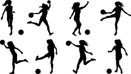 Silhouette of women playing with balls in various action poses on a white background image art
