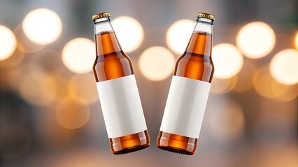 Amber beverage bottles levitating with white labels