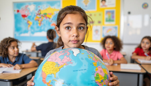 Curious child exploring globe in bright classroom, educational journey - Powered by Adobe